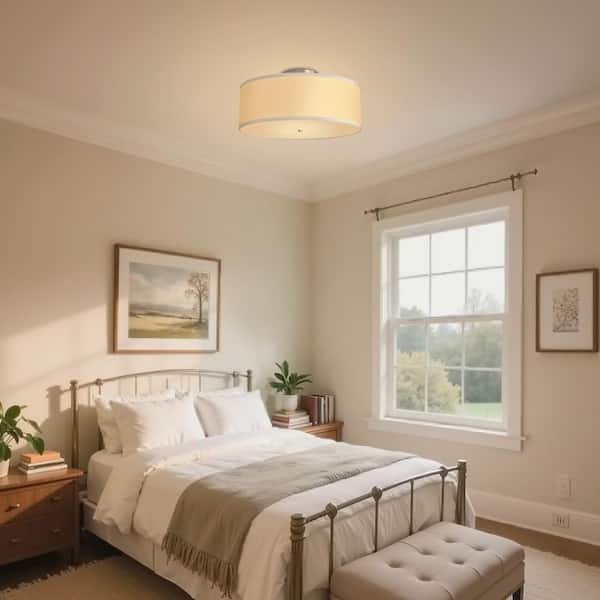 16 in. 2-Light Drum White Semi Flush Mount Ceiling Light with Fabric and Acrylic Shade for Living Room, Hallway, Bedroom