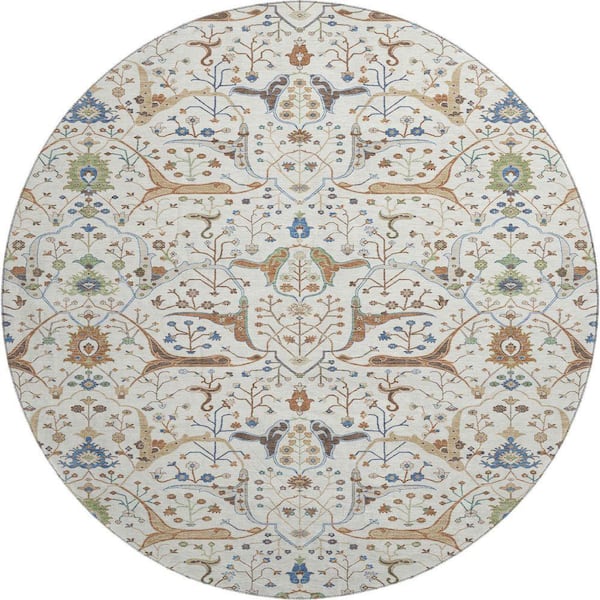 Mayfield Premium Machine Washable Abstract AMF2250 Ivory 8 ft. x 8 ft. Round Rug