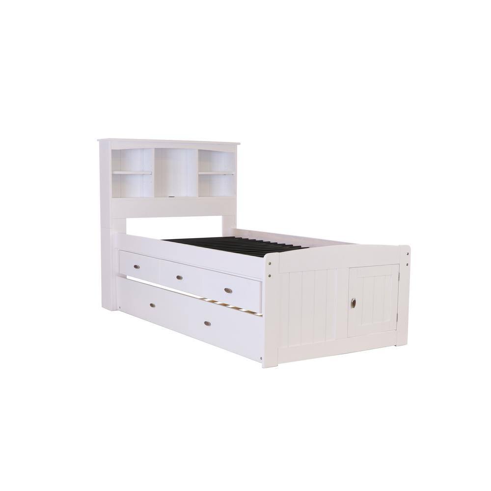 Charcoal Gray Solid Wood Twin Captain's Bed with Bookcase and Trundle