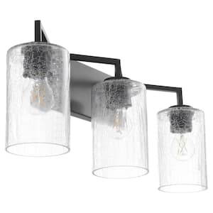 Merrick 3-Light - 100 watts Medium Lamp Base Light Vanity 25" Width 3 Clear Crackeled Glass - Matte Black