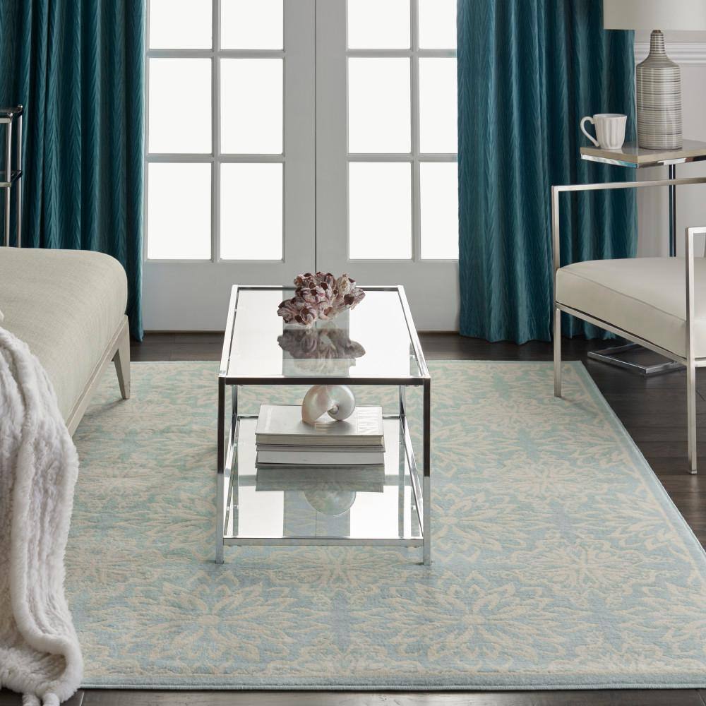 Elegant Ivory/Green Floral Synthetic 5'3" x 7'3" Easy-Care Rug