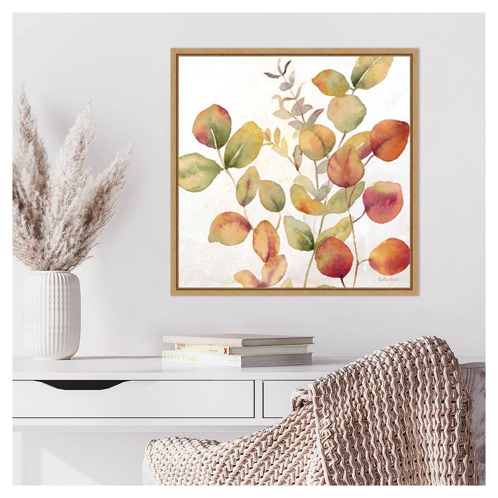 Eucalyptus Leaves Fall I Watercolor Canvas Print with Maple Frame