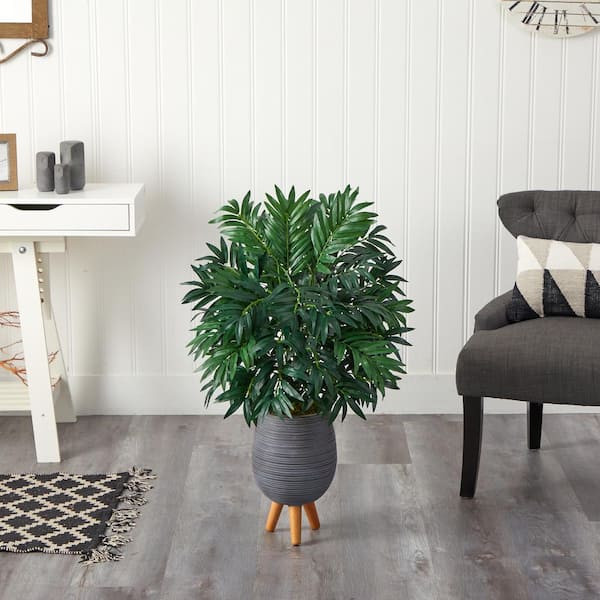 Nearly Natural 3 ft. Artificial Bamboo Palm Plant in Gray Planter with Stand