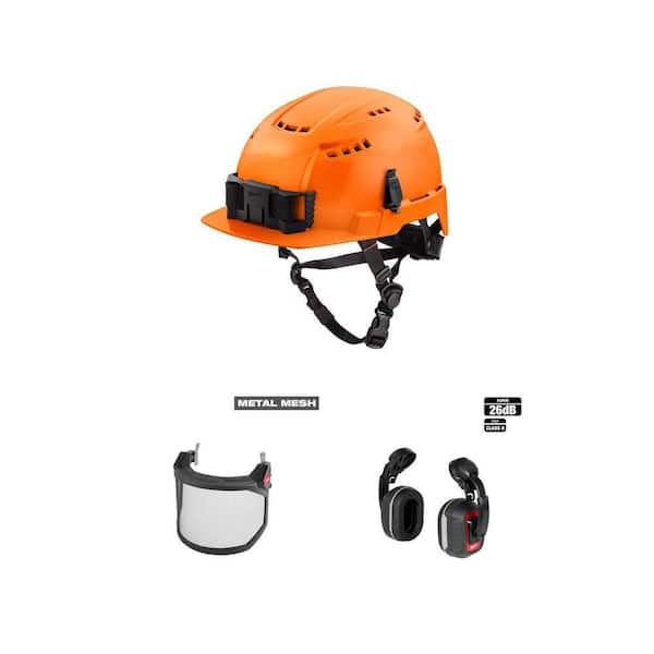 BOLT Orange Type 2 Class C Vented Safety Helmet, Stainless-Steel Mesh Face Shield and 26 dB Earmuffs Combo