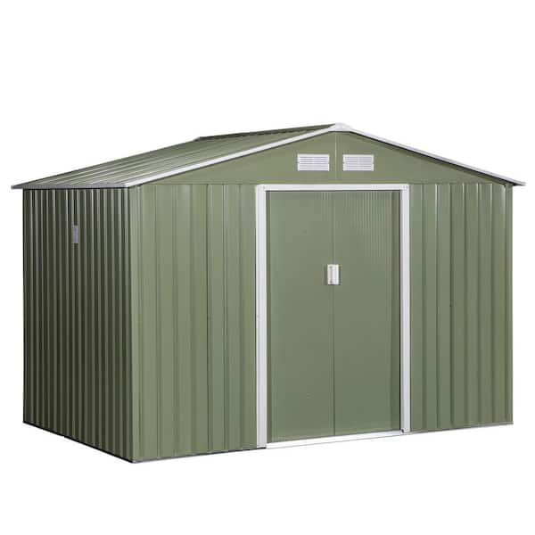 Unbranded 9 ft. W x 6 ft. D Outdoor Metal Storage Shed with Base 4 Vents and 2 Sliding Doors Covers Area (54 sq. ft.) Green