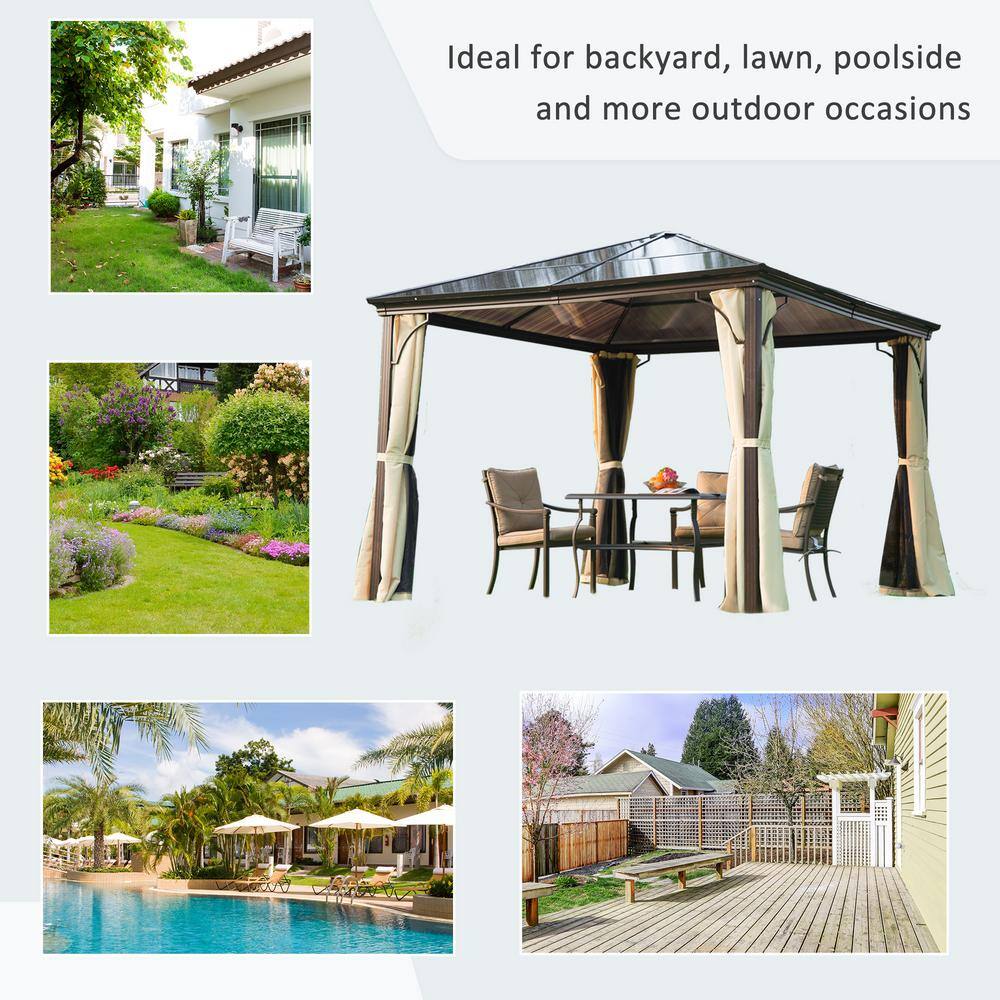 10' x 10' Brown Aluminum Hardtop Gazebo with Side Curtains