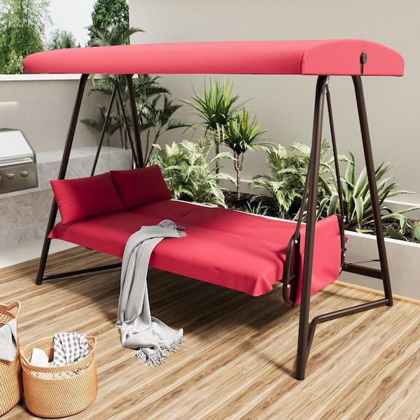 AUTMOON 770 lbs. Outdoor Porch Swing, 3 Person Adjustable Backrest Patio Swing Chair with Stand, Convertible Tilt Canopy