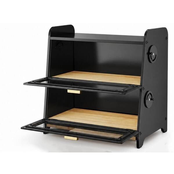 1-Piece Black Bamboo Bread Box with Cutting Board and Adjustable Vents for Kitchen Countertop Bread Storage Set