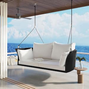 51.9 in. 2-Person Hanging Seat, Rattan Woven Swing Chair, Porch Swing with Ropes, Black Wicker and White Cushion