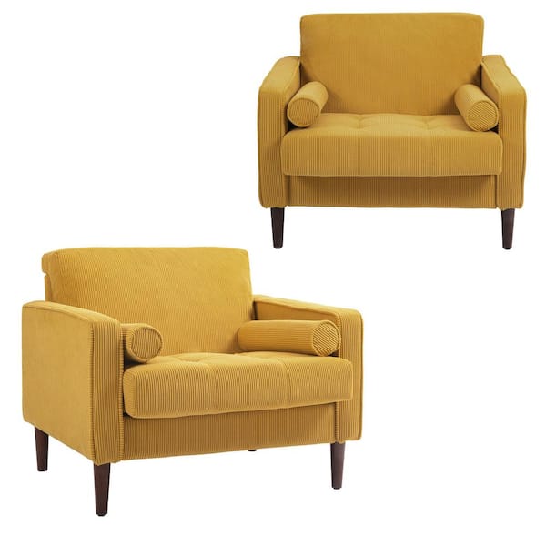 Uixe Mid-Century Modern Yellow Corduroy Fabric Upholstery Arm Chair with Wood Legs (Set of 2)