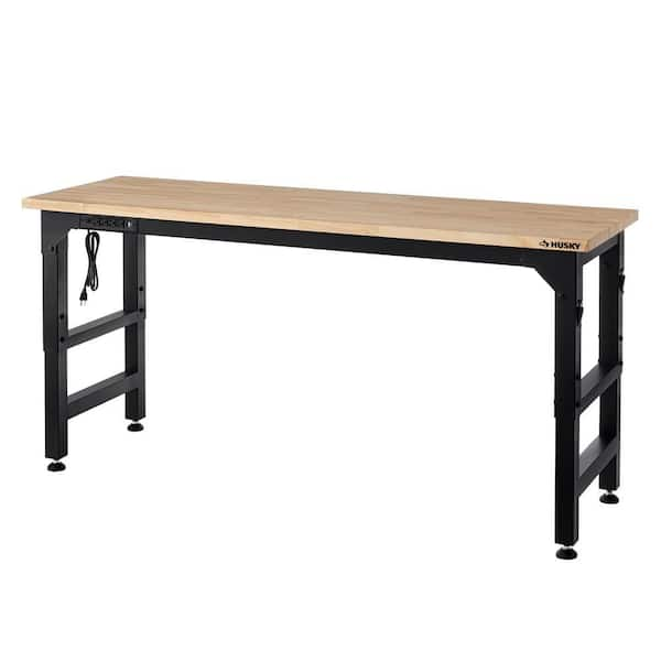 Husky 6 ft. Adjustable Height Solid Wood Top Workbench in Black for Heavy Duty Welded Steel Garage Storage System