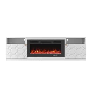70 in. W Adjustable Shelf White TV Stand with 2-Light Bars and 36 in. Fireplace