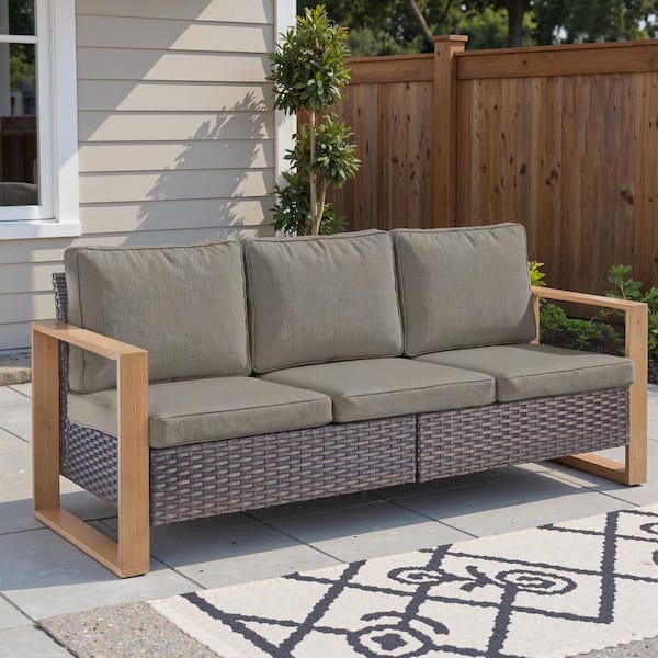 Kove Brown Wicker 1-Piece Outdoor Seactional Couch 3-Seat High Back Patio Sofa with Gray Cushion for Porch Backyard