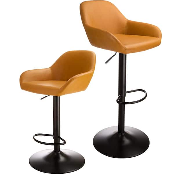 Glitzhome 42.72 in. H Yellow Mid-Century Modern Leatherette Gaslift Metal Frame Adjustable Swivel Low Back Bar Stool (Set of 2)