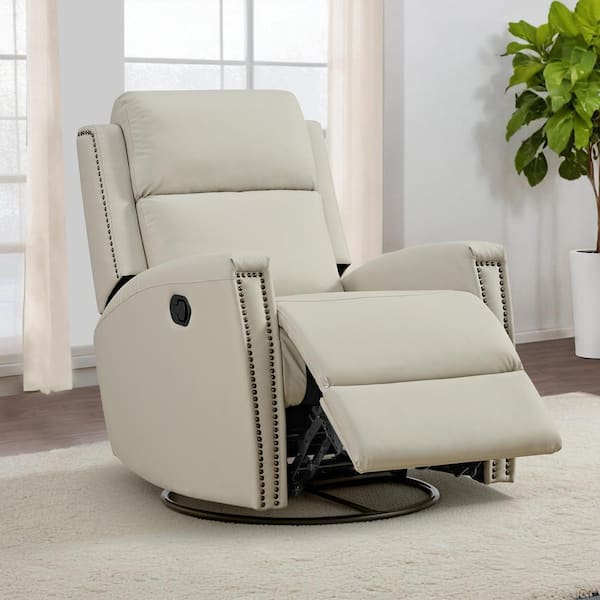 SPRUCE & SPRING Cybele Beige Leather Manual Swivel Glider Recliner Chair with Metal Frame for Living Room and Bedroom