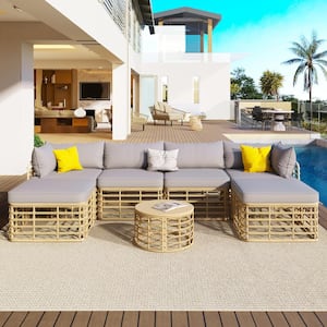 7-Piece Brown Wicker Patio Conversation Set with Gray Cushions, Pillows