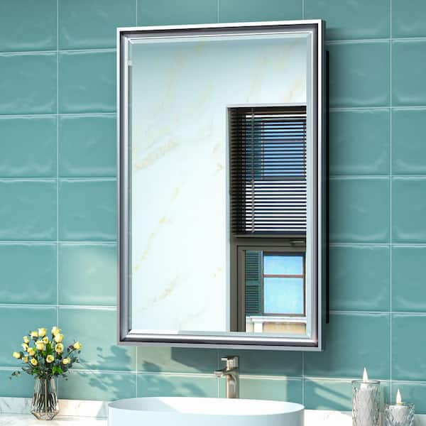 KeonJinn 17 in. W x 25 in. H Rectangular Aluminum Alloy Silver Framed Recessed/Surface Mount Medicine Cabinet with Mirror