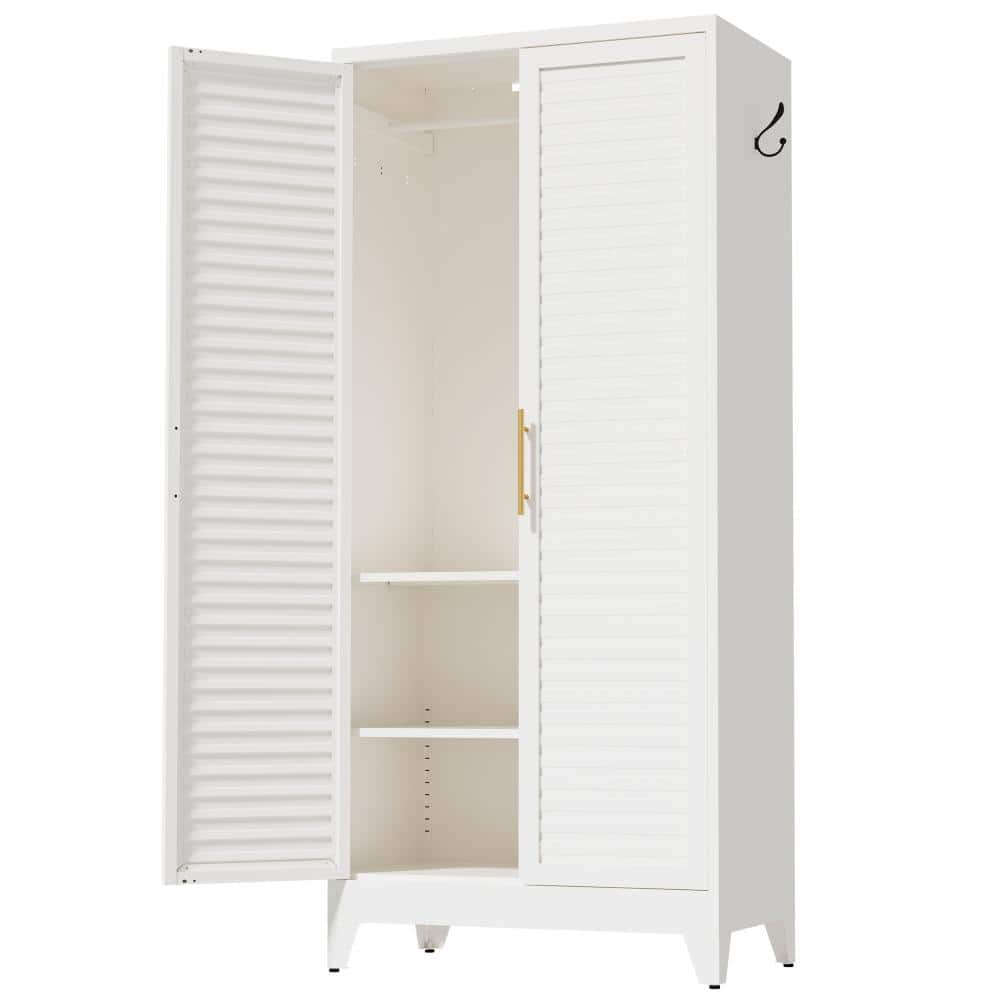 White Metal Wardrobe Closet with 2 Doors & Close Hook, 71″ Tall