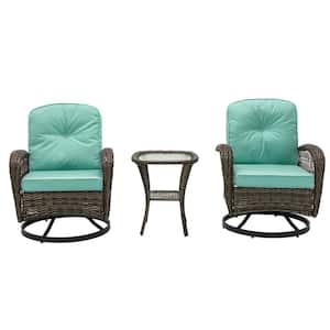 3-Piece Brown Wicker Patio Conversation Set Swivel Chair Set with Peacock Blue Cushions