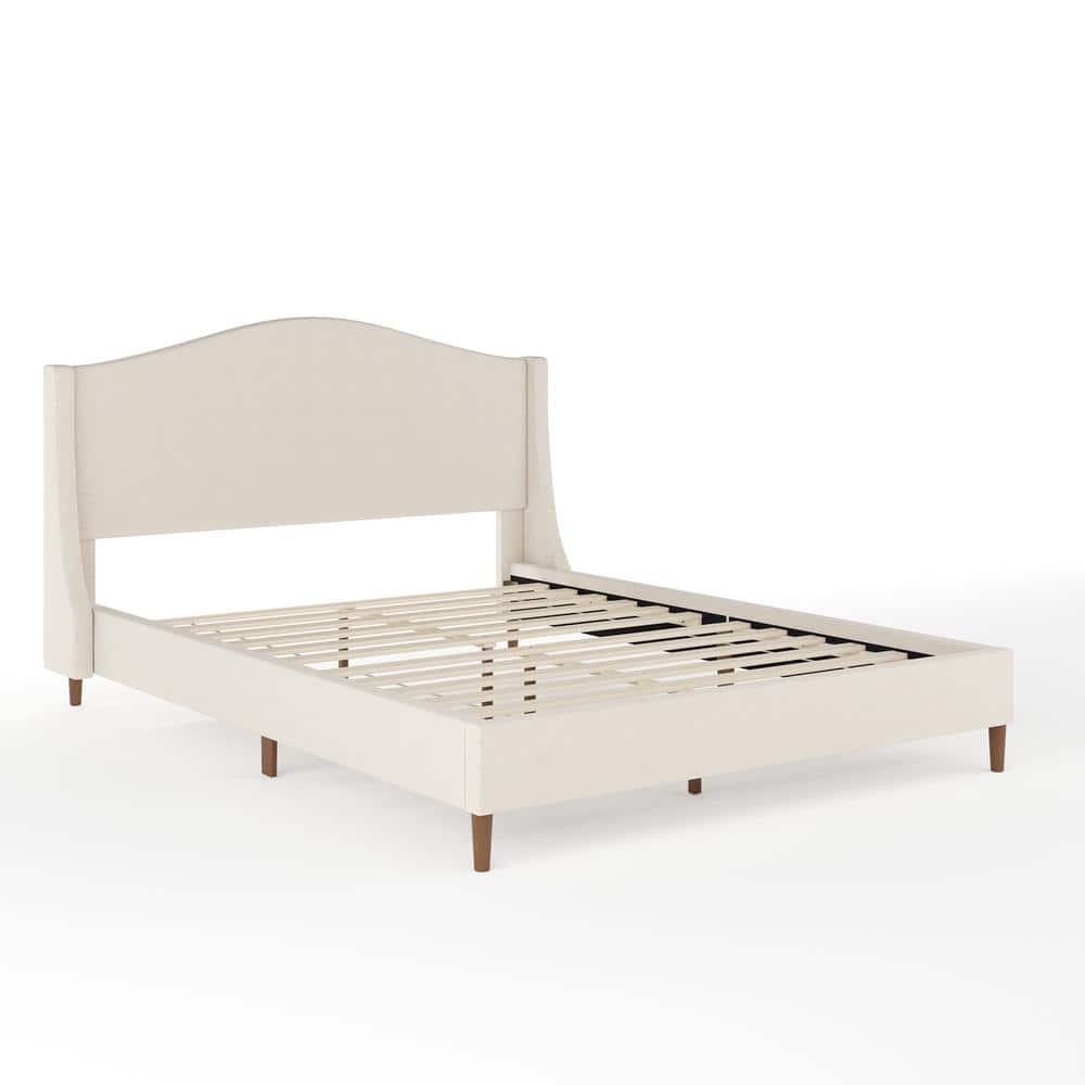 Amelia Queen Beige Linen Upholstered Platform Bed with Walnut Legs