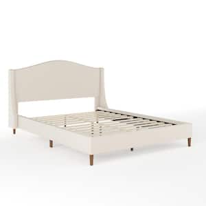 Amelia Beige Wood Frame Queen Platform Bed with Upholstered Solid Wood