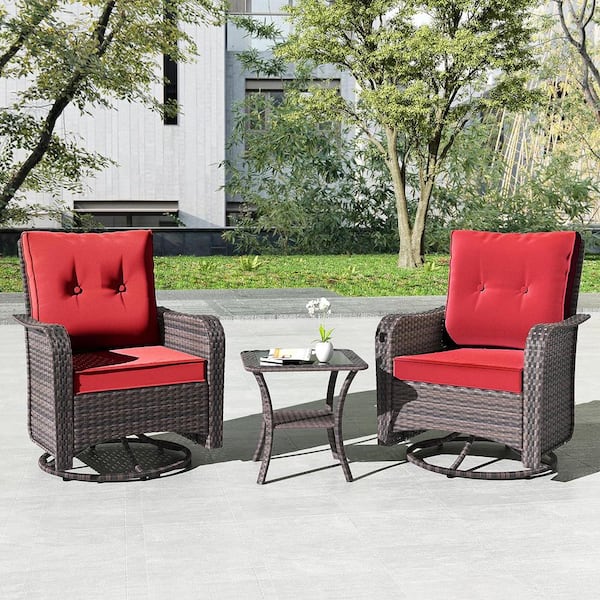 Halmuz 3-Piece Wicker Swivel Outdoor Rocking Chair with Cushion Red