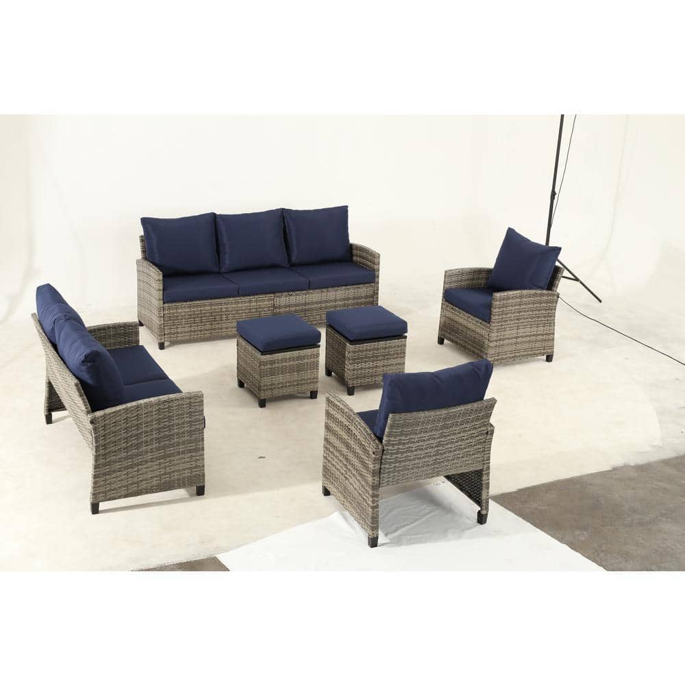 6-Piece Gray Wicker Outdoor Sectional Sofa with Ottomans, Patio Conversatio
