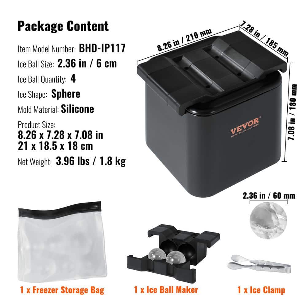Black Silicone 4-Cavity Clear Ice Ball Maker with Storage Bag