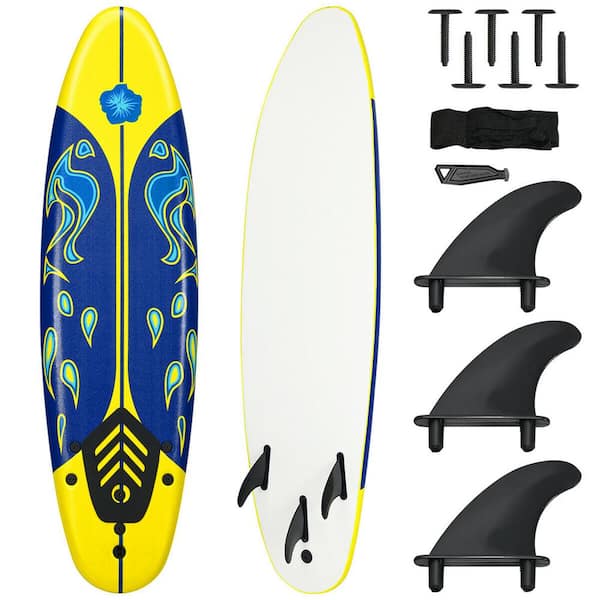 Costway 72 in. Yellow Surfboard Foamie Body Surfing Board W/3 Fins & Leash for Kids Adults
