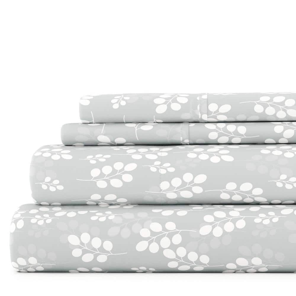 Gray Twin Floral Print Microfiber Sheet Set
