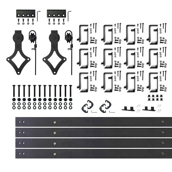 HOMACER 16 ft./192 in. Black Rustic Double Track Bypass U-Shape Sliding Barn Door Hardware Kit - Diamond Design Roller