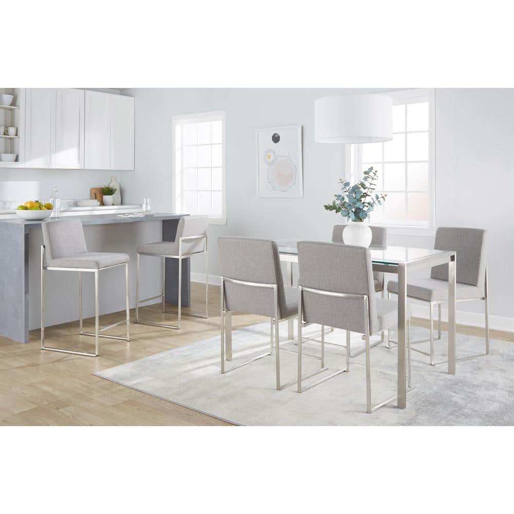 Fuji 31'' Stainless Steel & Grey Fabric High Back Counter Stool - Set of 2