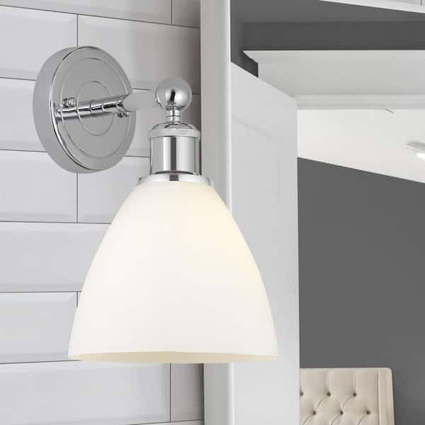 Bristol Glass 1-Light Polished Chrome Wall Sconce with White Glass Shade
