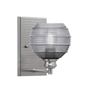 Albany 1-Light Brushed Nickel 6 in. Wall Sconce with Smoke Ribbed Glass Shade