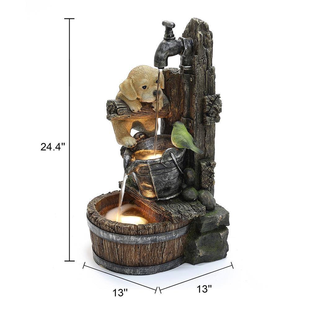Farmhouse Brown Resin Fountain with Puppy and Bird Scene
