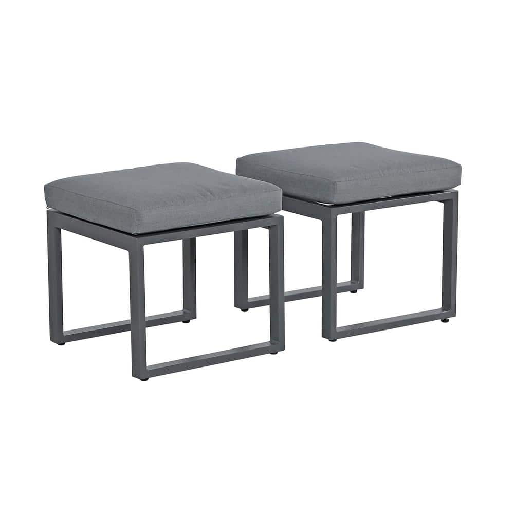 2-Piece Gray Aluminum Outdoor Patio Ottoman with Gray Cushions