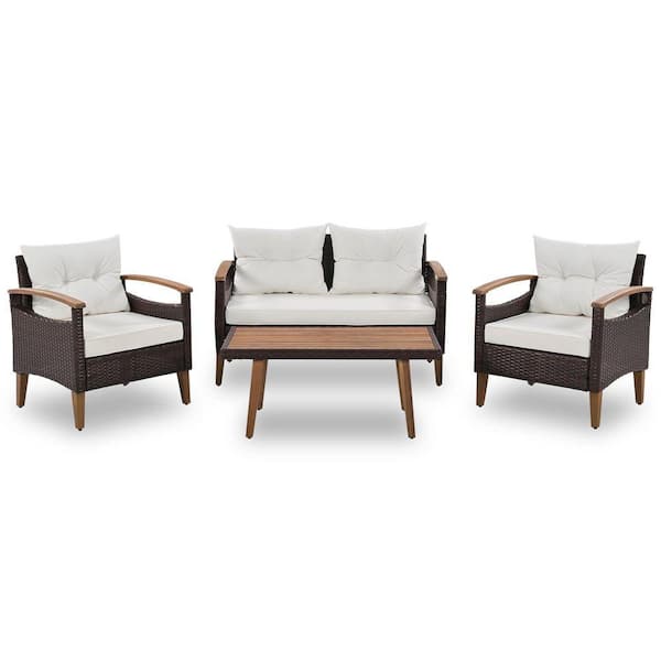 Brown 4-Piece PE Rattan Outdoor Sectional Set with Wood Table and Legs, Patio Garden Seating with Beige Cushions