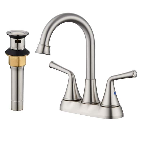 Mondawe 4 in. Centerset Double Handle High Arc Bathroom Faucet with Stainless Steel Drain Kit in Brushed Nickel