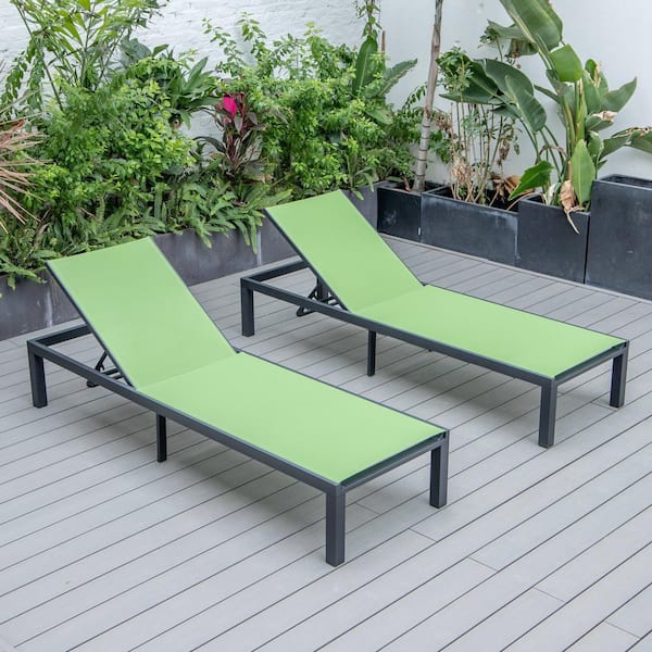 Marlin Modern Black Aluminum Outdoor Chaise Lounge, Adjustable Reclining Chair with Green Cushions (Set of 2)