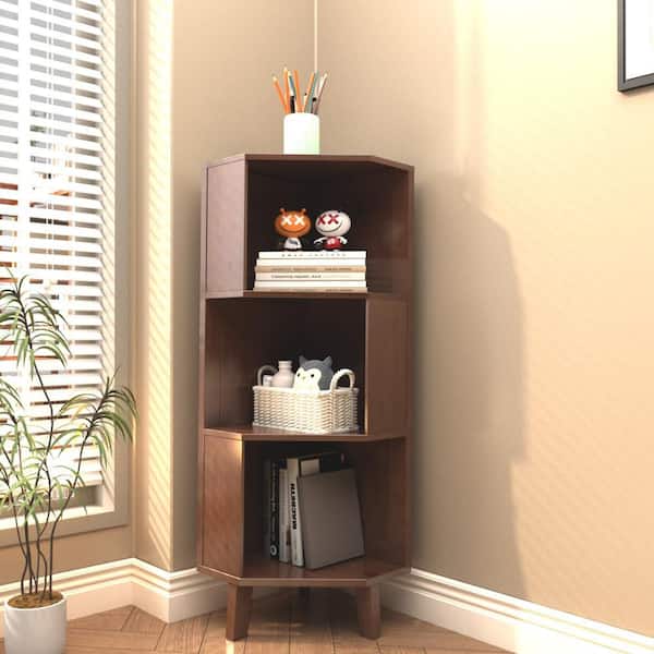 13.8 in. Wide Walnut 3-Tier Corner Kids Bookcase with Open Storage Shelves for Kids Room, Nursery, Playroom