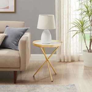 Gold Metal/Faux White Faux Marble Minimalist Intersecting Tripod-Leg Side Table