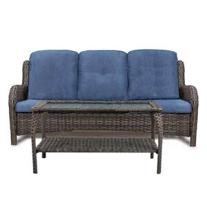 2-Piece Rattan Wicker Outdoor Patio Conversation Sectional Sofa Set with Blue Cushions, Coffee Table