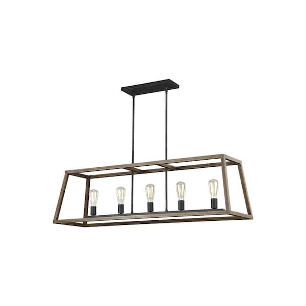Generation Lighting Gannet 5-Light Weathered Oak Wood and Antique Forged Iron Industrial Rustic Hanging Rectangular Island Chandelier
