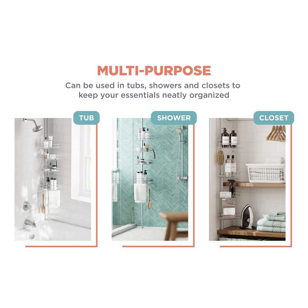 Adjustable Nickel Tension Pole Shower Caddy with Four Shelves
