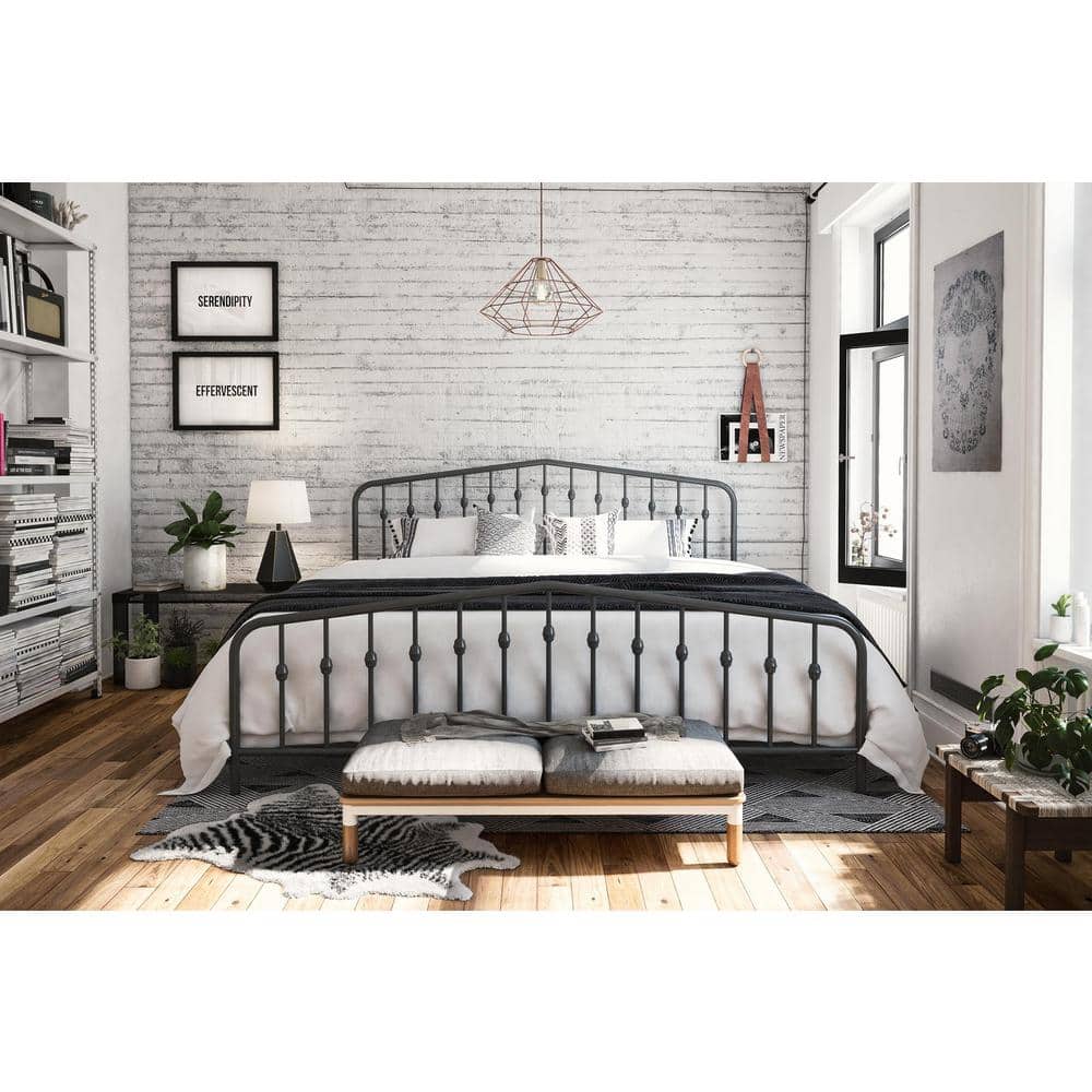 King-Size Gunmetal Gray Metal Bed with Upholstered Headboard and Storage Drawer