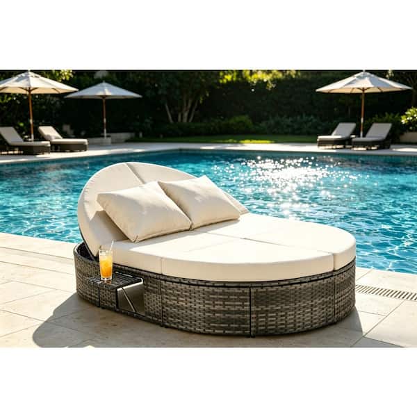 Wicker Outdoor Round Day Bed with Beige Cushions and Foldable Cup