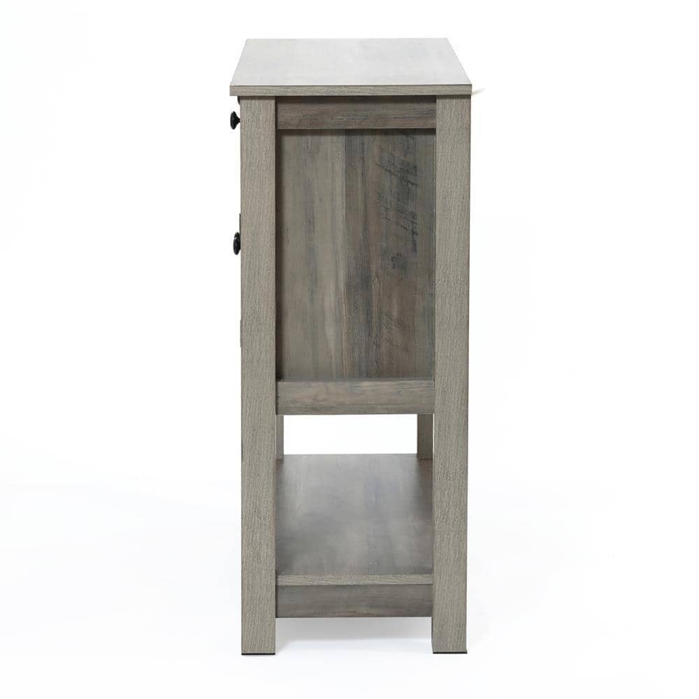 Side view of a gray wood buffet storage cabinet.