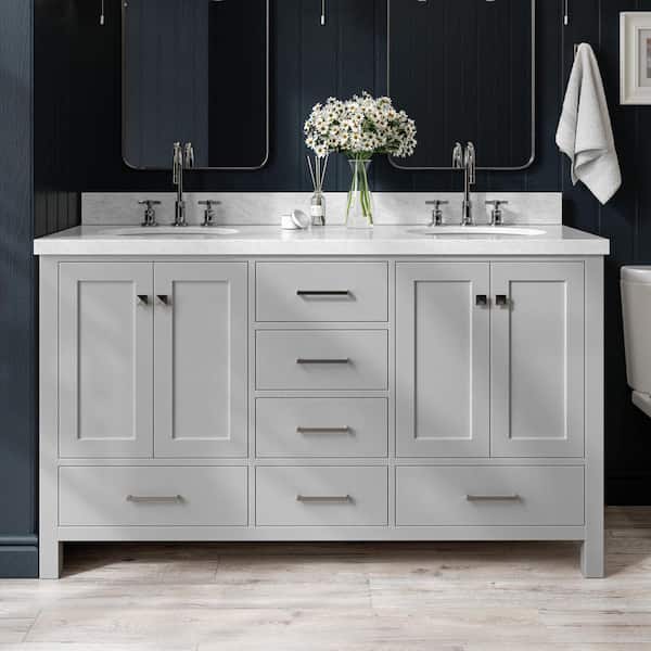 ARIEL Cambridge 61 in. W x 22 in. D x 36 in. H Bath Vanity in Grey with Carrara White Marble Top