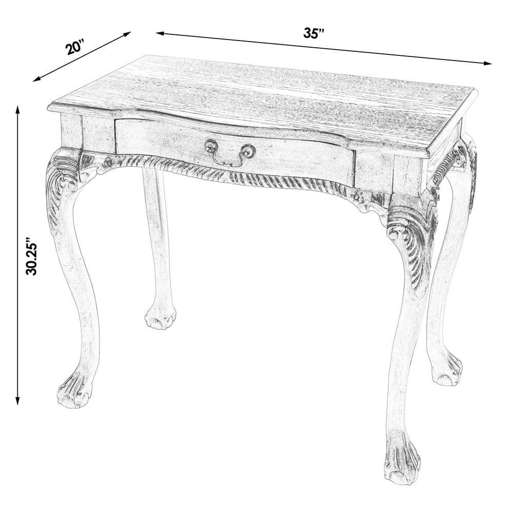 Cherry Brown Wood Writing Desk with Drawer and Carved Details