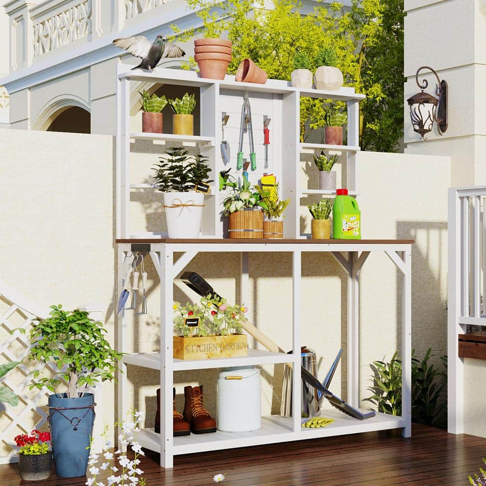 47 in. W x 64.6 in. H White Large Outdoor Potting Bench Table, Wood Worksta
